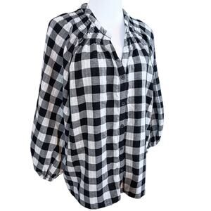 NEW Time and Tru Smocked Peasant Top Blouse Plus 2X‎ Black White Plaid Check